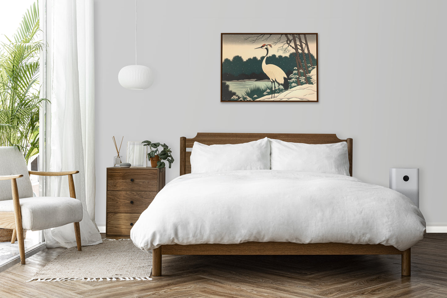 Japanese Crane Poster in Snowy Winter Landscape – Lake, Forest & Japanese Art Style – Asian Wall Decor