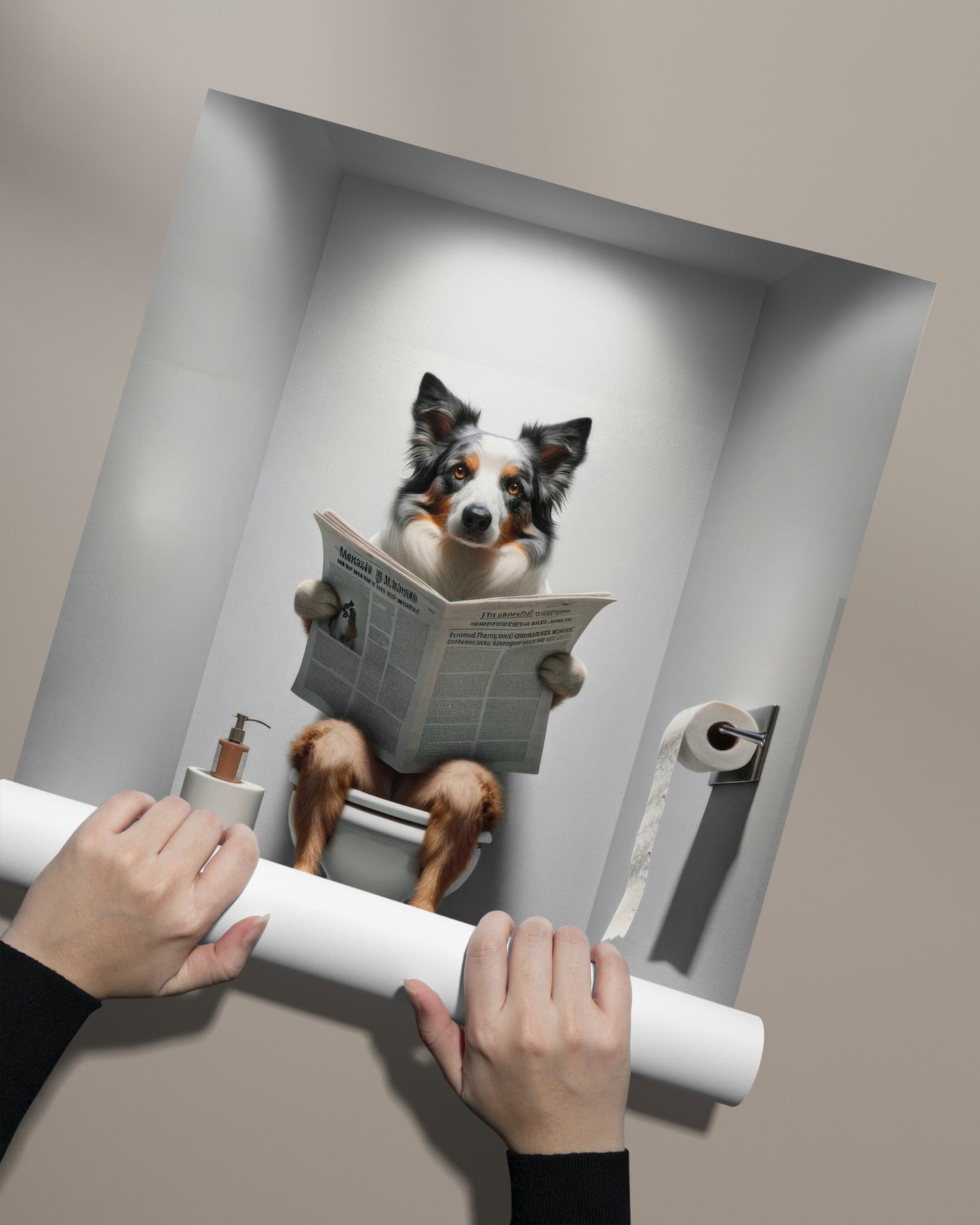 Border Collie Reading Newspaper on Toilet Poster - Funny Bathroom Decor, Gag Gift, WC Wall Art