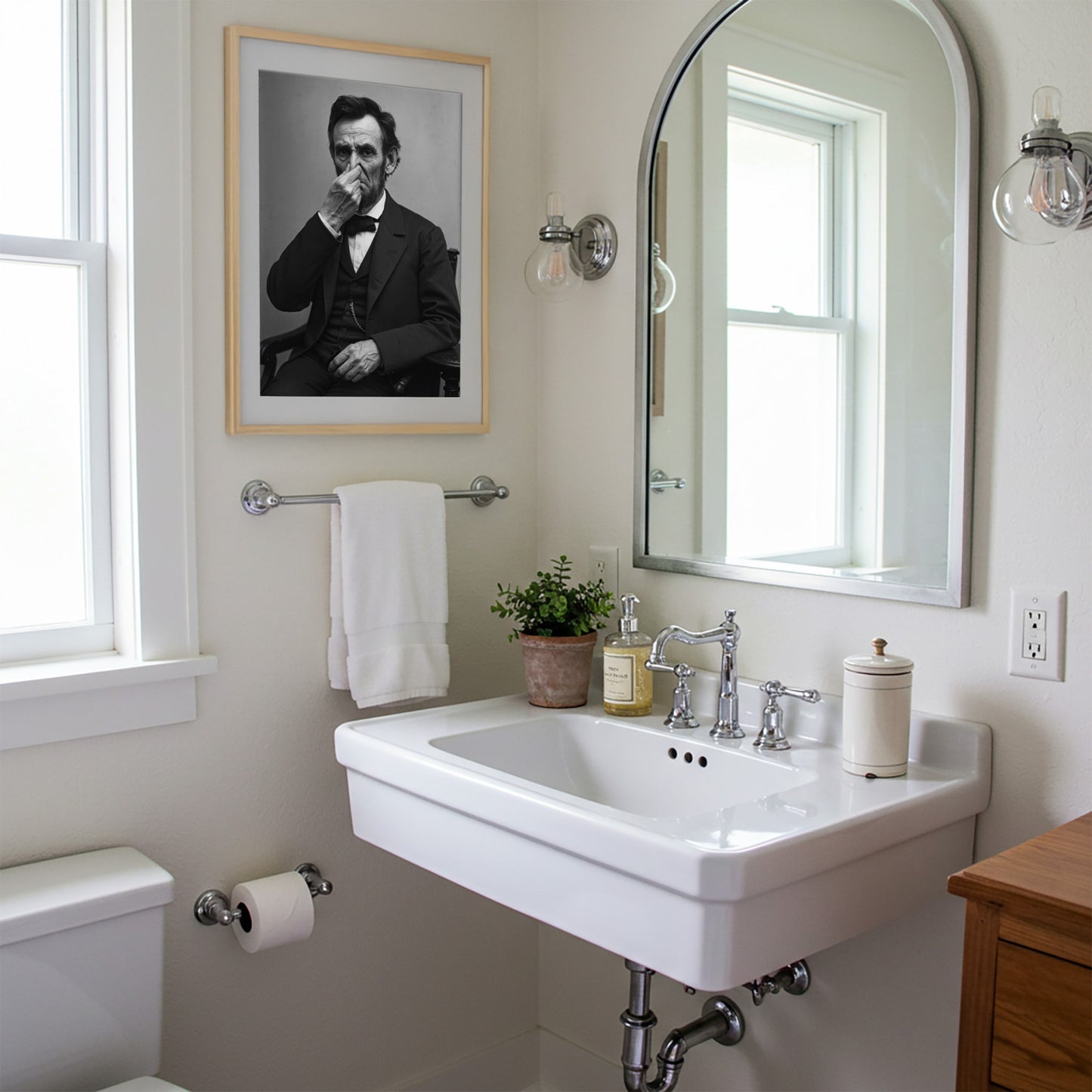 Funny Abraham Lincoln Bathroom Poster – Quirky Toilet Humor Wall Art, President Parody, Framed Restroom Decor, Unique Gag Gift