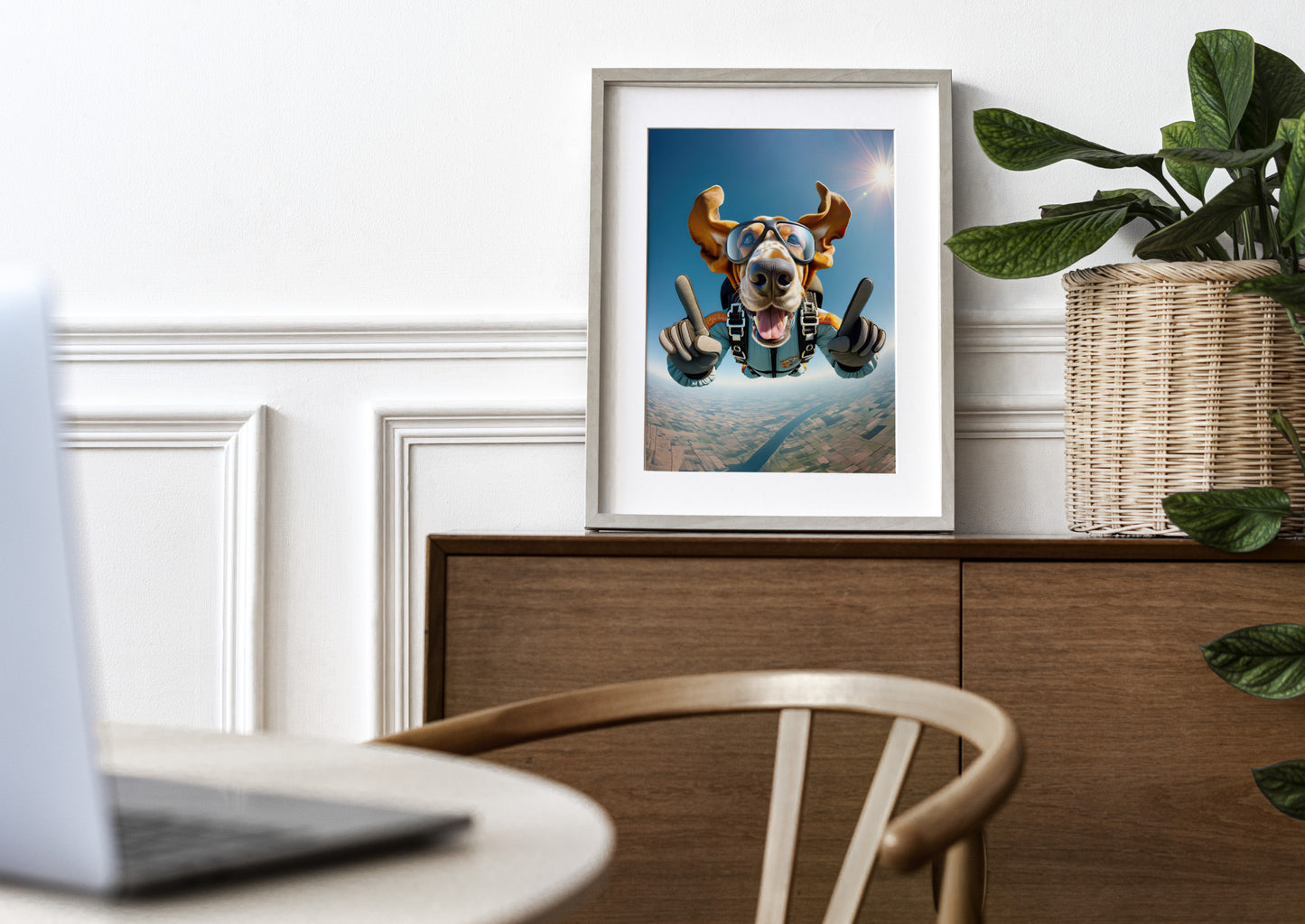 Affiche Poster Chien Basset Hound en Chute Libre, Décor Murale Sport Extrême Skydiving, Cadeau Unique