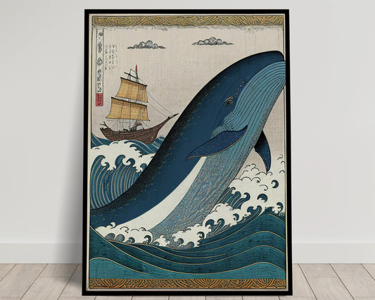 Japanese Ukiyo-e Style Whale and Boat Poster, Artistic Wall Art, Japan-Inspired Decoration Print