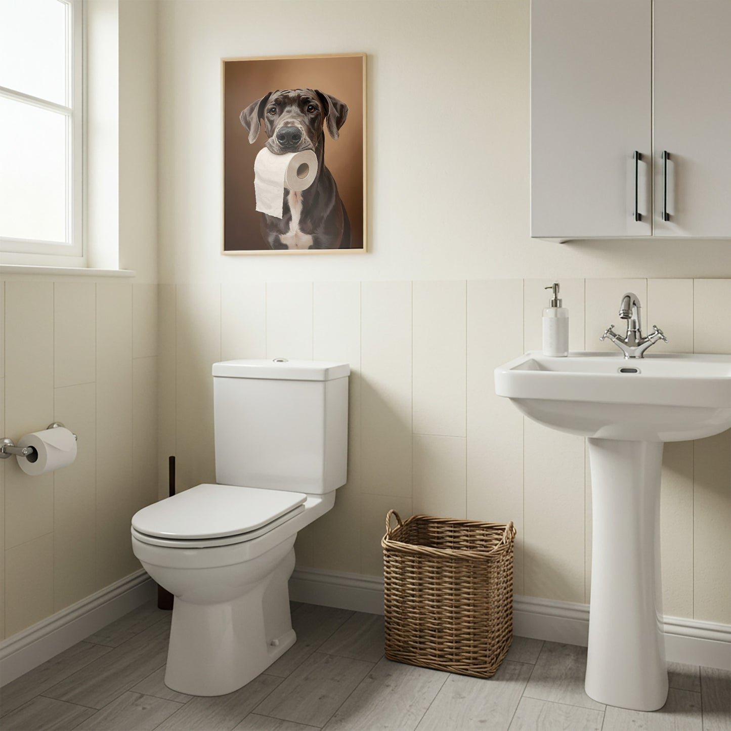 Dogue allemand mordant un rouleau de papier toilette, Humour Toilettes, Poster WC, Cadeau Grand danois, Affiche encadrée, Poster chien