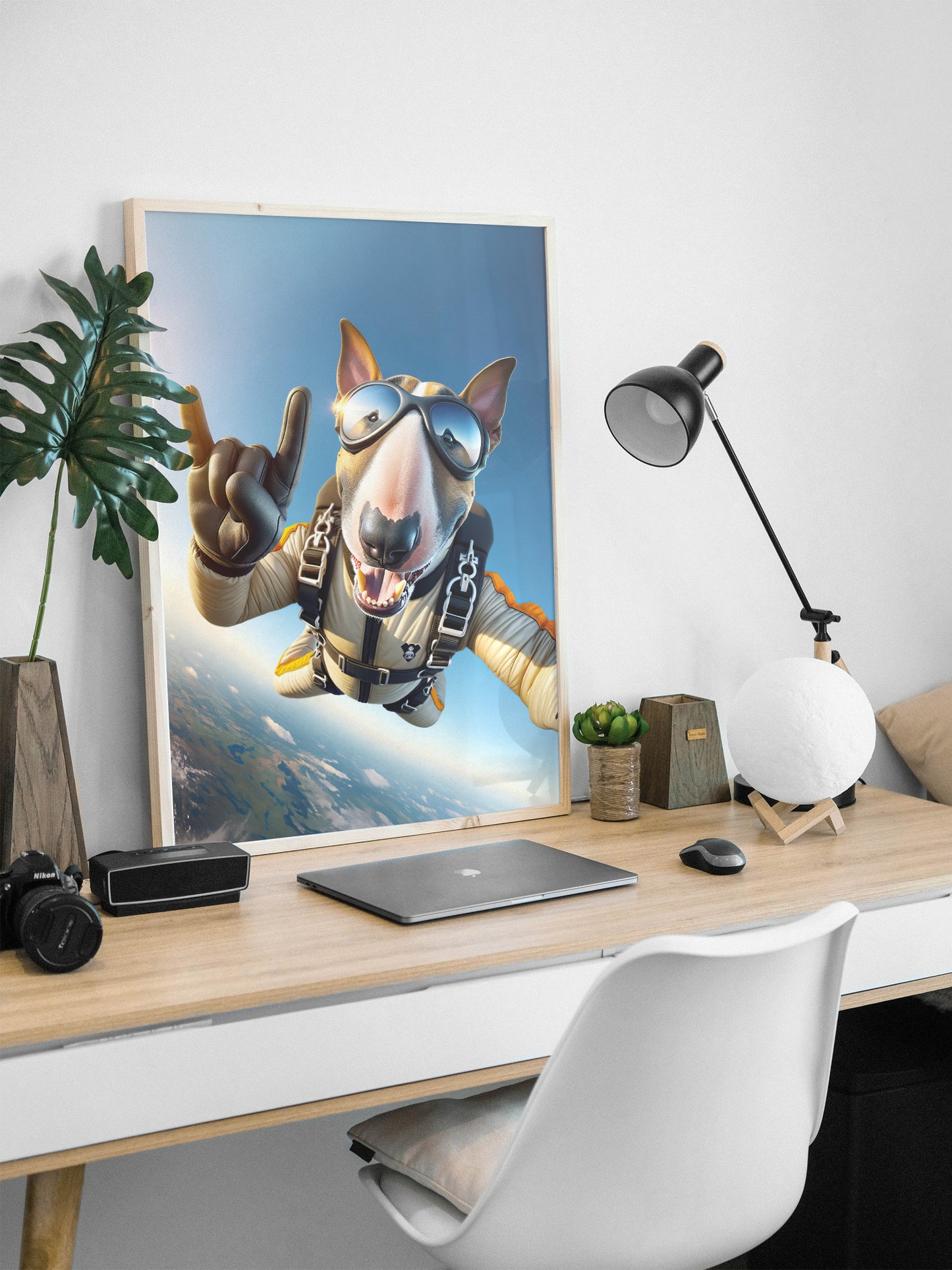 Affiche Bull Terrier Saut en Parachute - Poster Animal Extrême, Décoration Murale Sport, Idée Cadeau Originale
