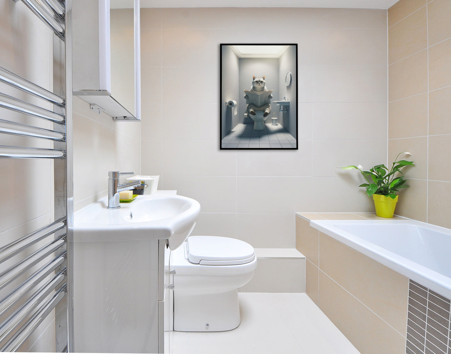 Affiche Murale Humour Chat British Shorthair Tigré Argenté, Déco WC & Salle de Bain, Cadeau Idéal