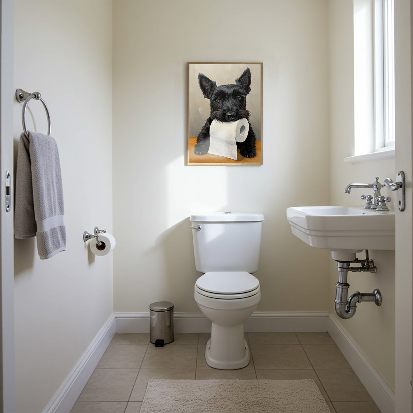 Scottish Terrier with toilet paper roll in mouth, Toilet Humor, Scottie Gifts, Bathroom Print, Dog Lover Gift, WC Wall Art, Framed Print