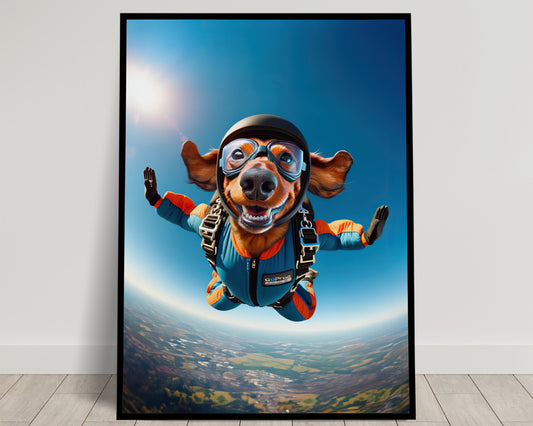 Skydiving Dachshund Dog Poster - Epic Wall Art for Animal Lovers - Unique Extreme Sports Decor - Dog Lover Gift