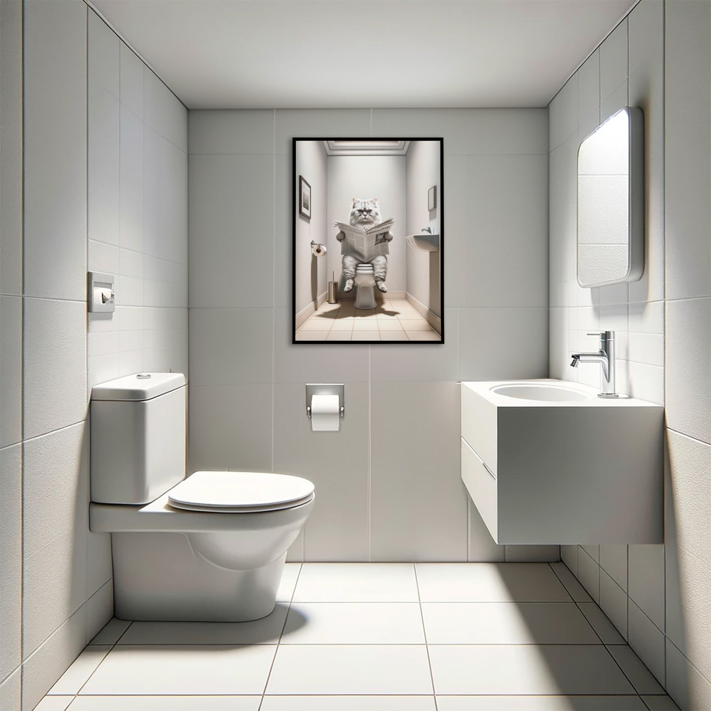 Affiche murale Chat Persan Silver Shaded lisant aux toilettes - Déco humoristique WC & Salle de bain - Cadeau original
