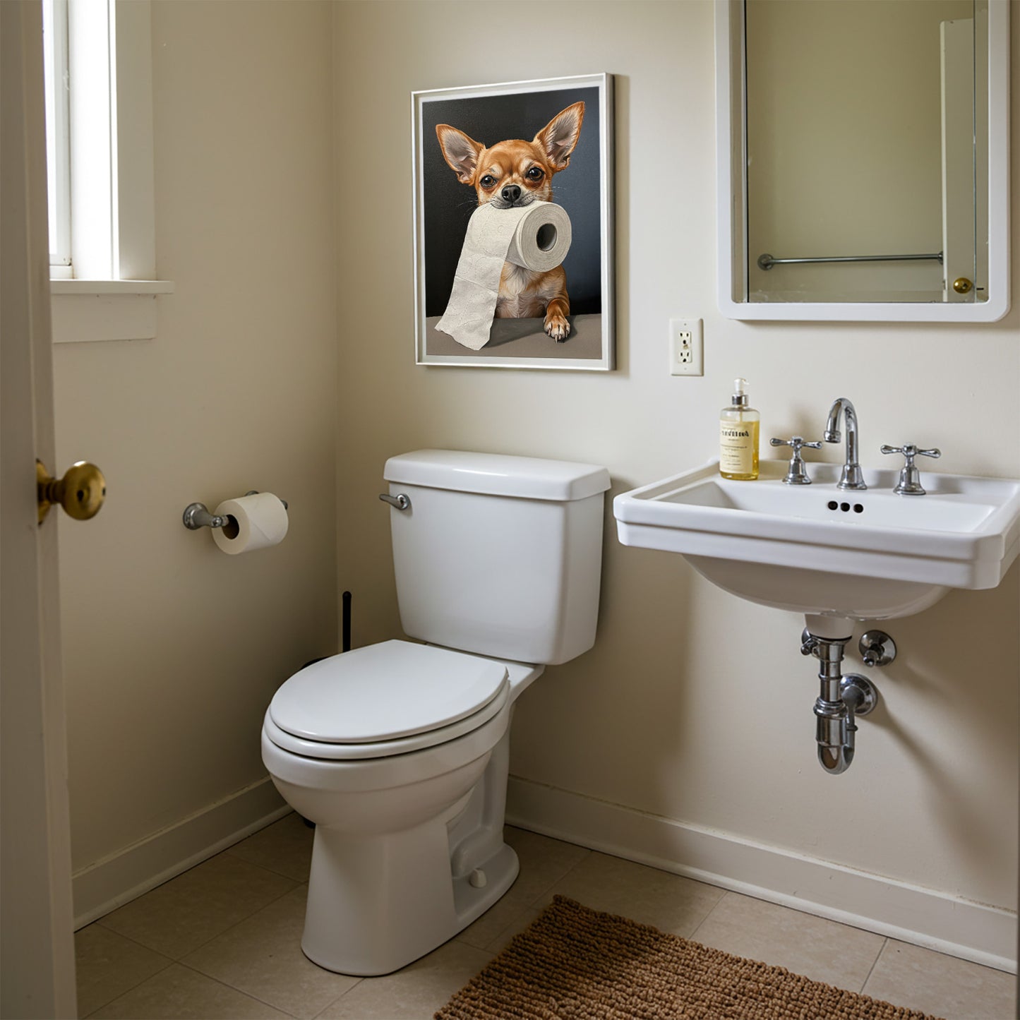 Chihuahua mordant un rouleau de papier toilette, Humour Toilettes, Poster WC, Cadeau Chihuahua, Affiche encadrée, Poster chien