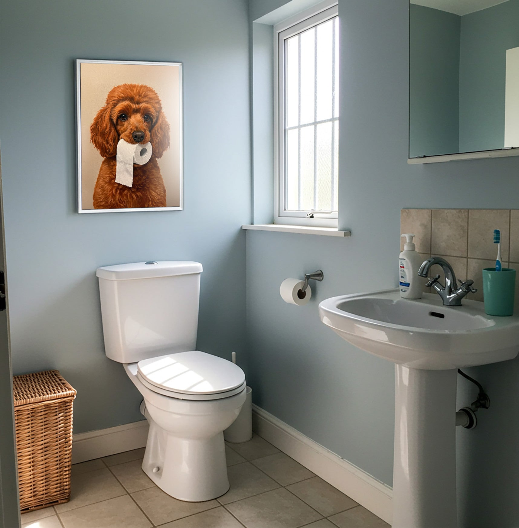 Poster Humoristique Chien Caniche Aux Toilettes - Déco Salle De Bain A4, Style Rétro, Papier 300g/m²