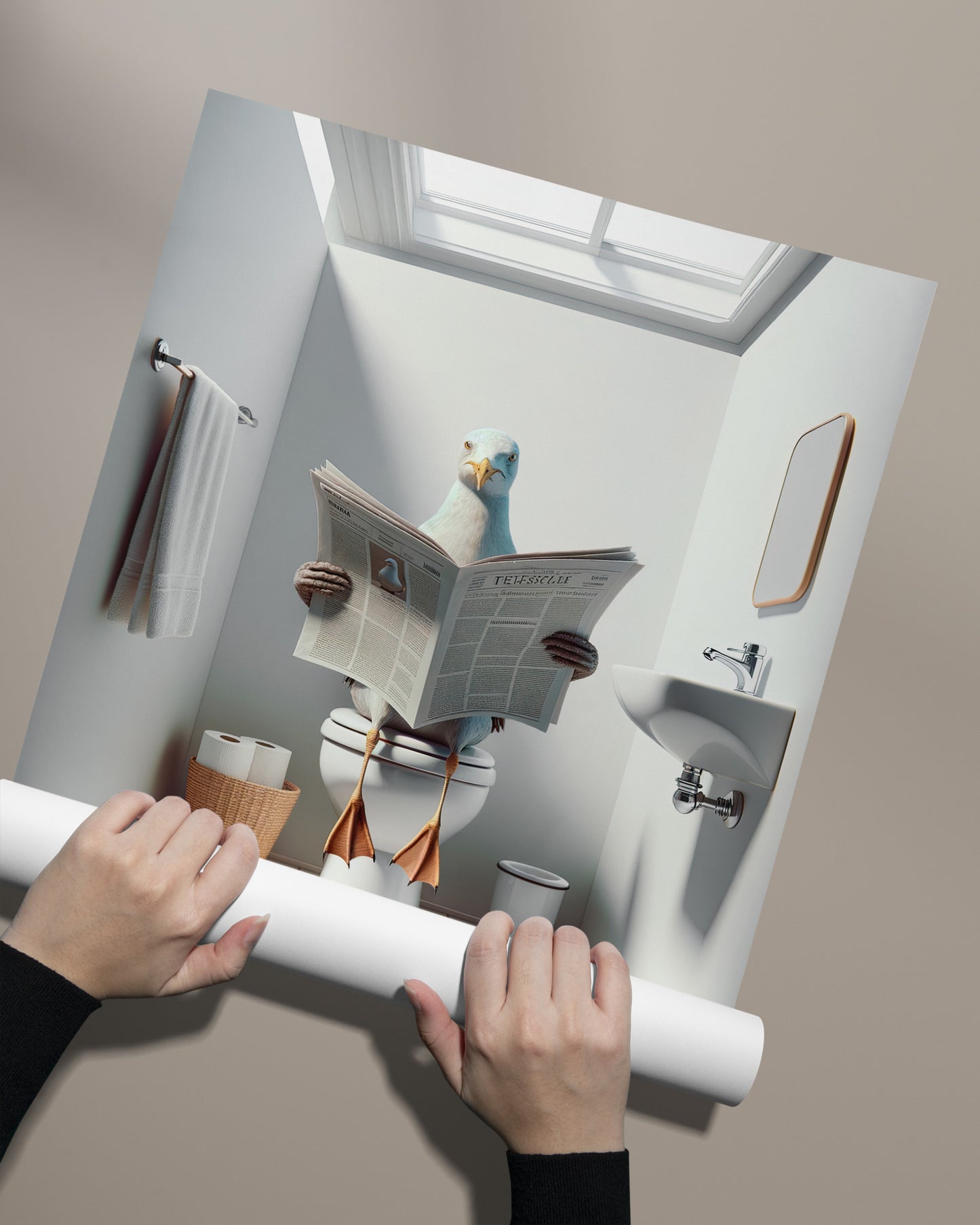 Poster Humour : Mouette lisant le journal aux toilettes - Décoration WC, Salle de Bain, Cadeau Original et Fun