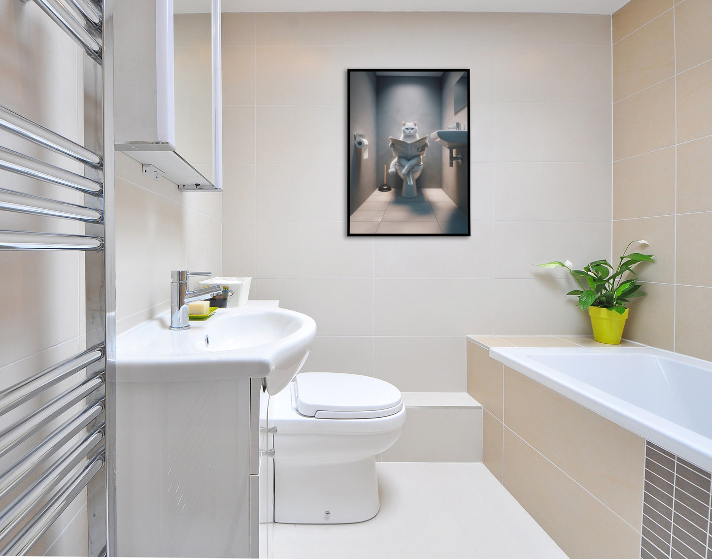 "Funny Bathroom Wall Art: White British Shorthair Cat Poster – Unique WC Toilet Decor & Gag Gift"