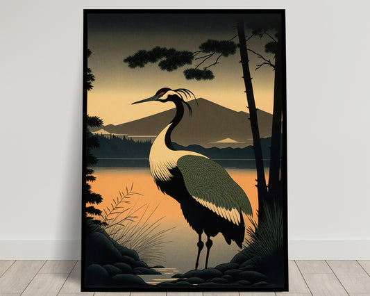 Japanese Crane at Sunrise Poster - Asian Art, Wall Decoration, Japanese Style Print, Elegant Home Decor