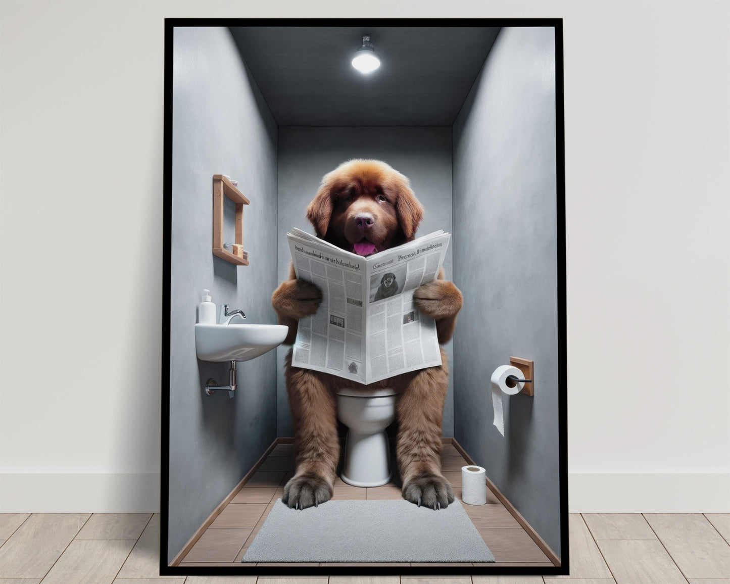 Funny Brown Newfoundland Dog Reading Newspaper Toilet Poster - Humorous Bathroom Wall Art Gag Gift for WC Decor