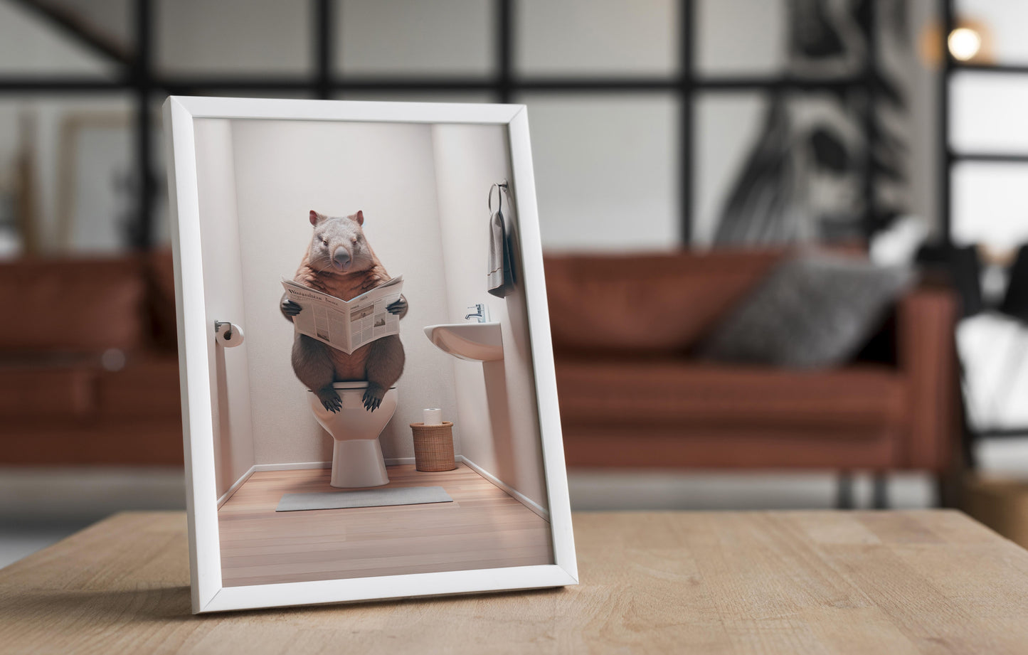 Wombat Reading Newspaper Toilet Poster - Unique Funny Bathroom Wall Art & Gag Gift Decor for WC