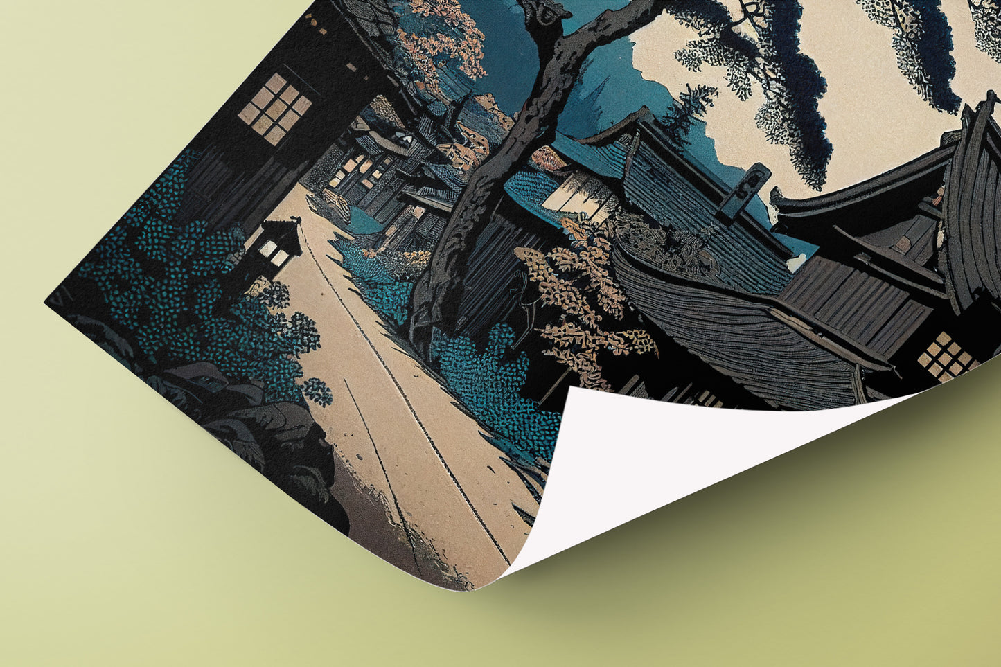 Japanese Village Wall Poster, Blue Ukiyo-e Illustration, Traditional Japanese Art Print, Japanese Village Decor, Wall Art