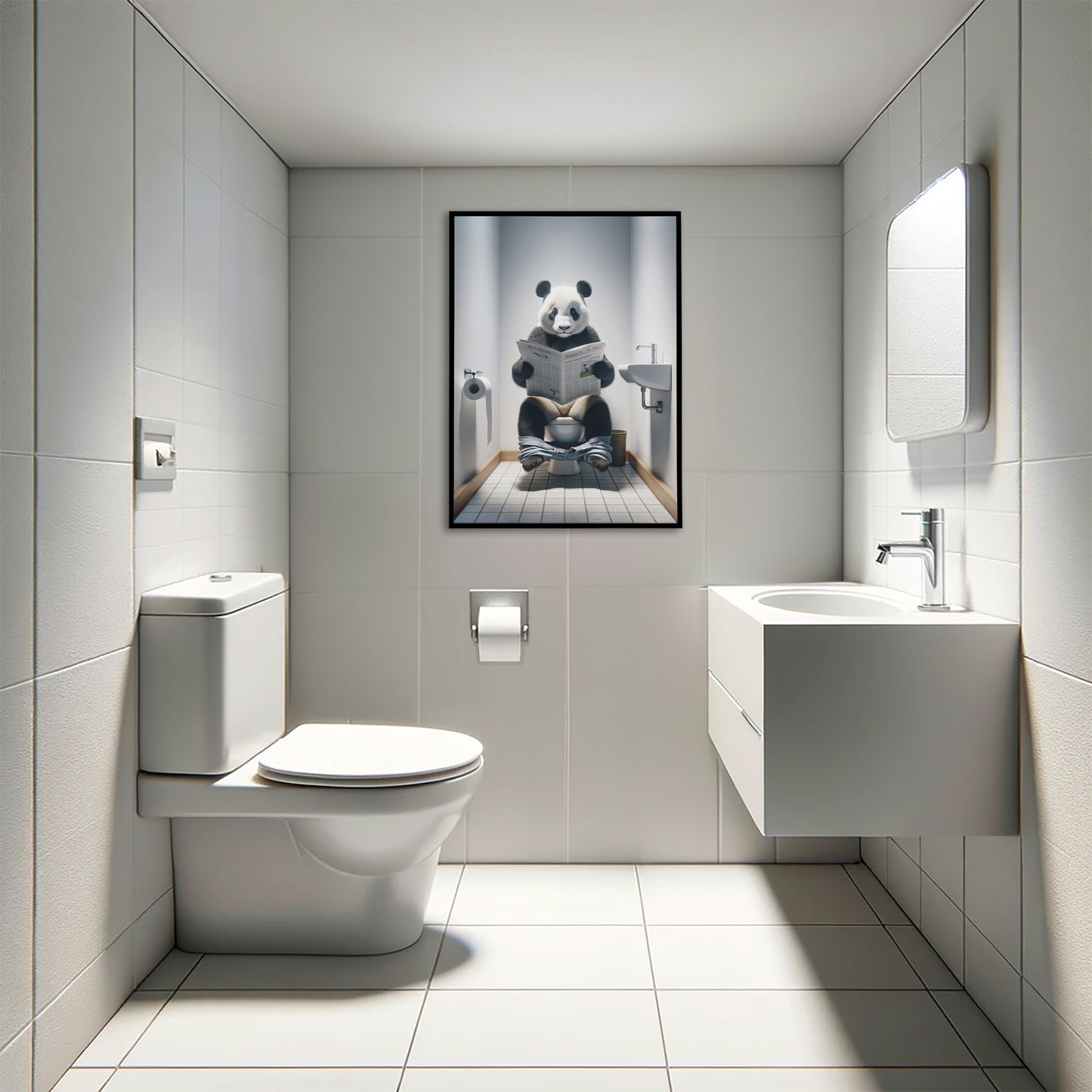 Panda Reading Newspaper Toilet Poster - Funny Bathroom Wall Art - Unique Gift Idea