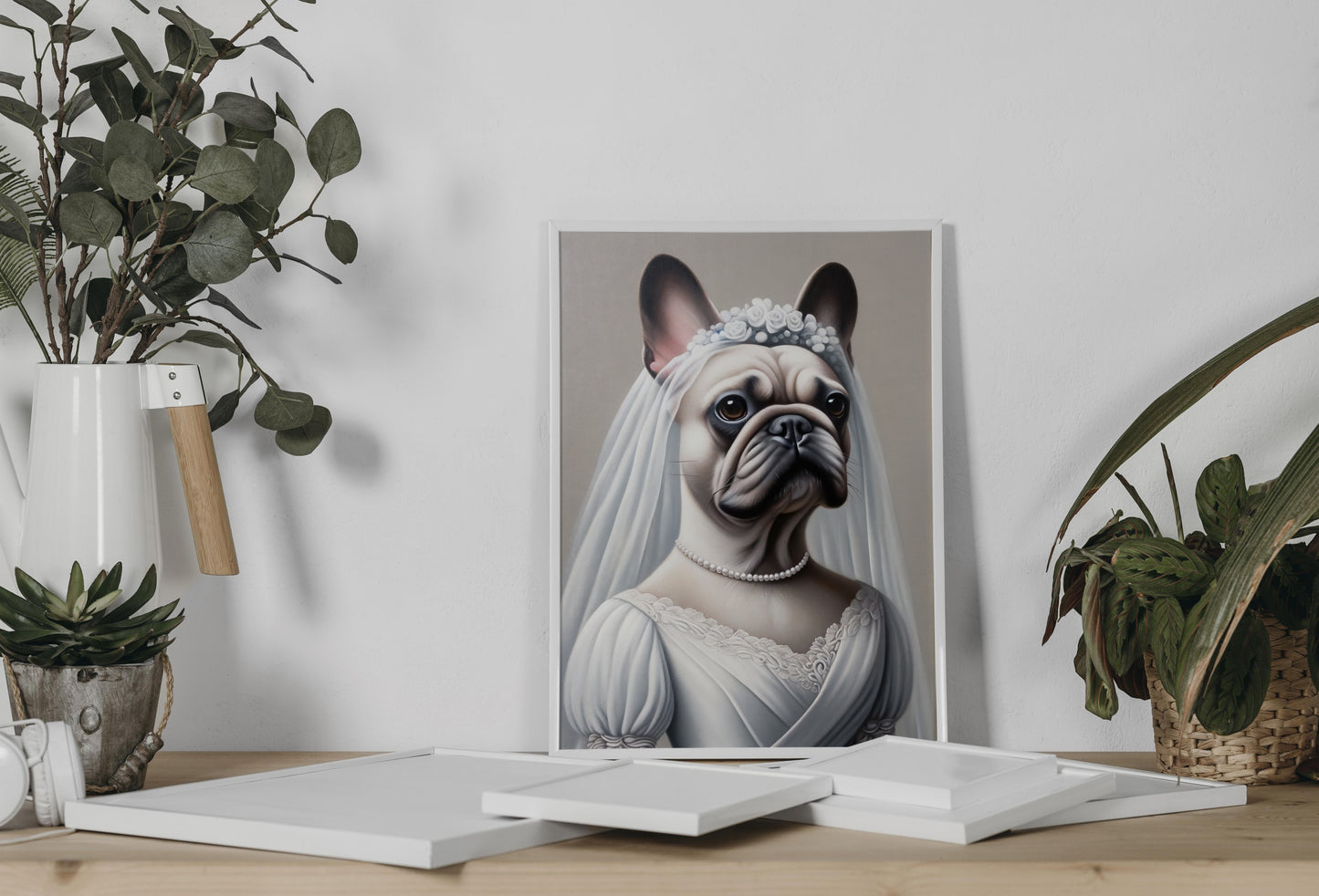 Affiche Bouledogue Français en Mariée - Poster Chien Humour Décoration Murale Animaux Mariage