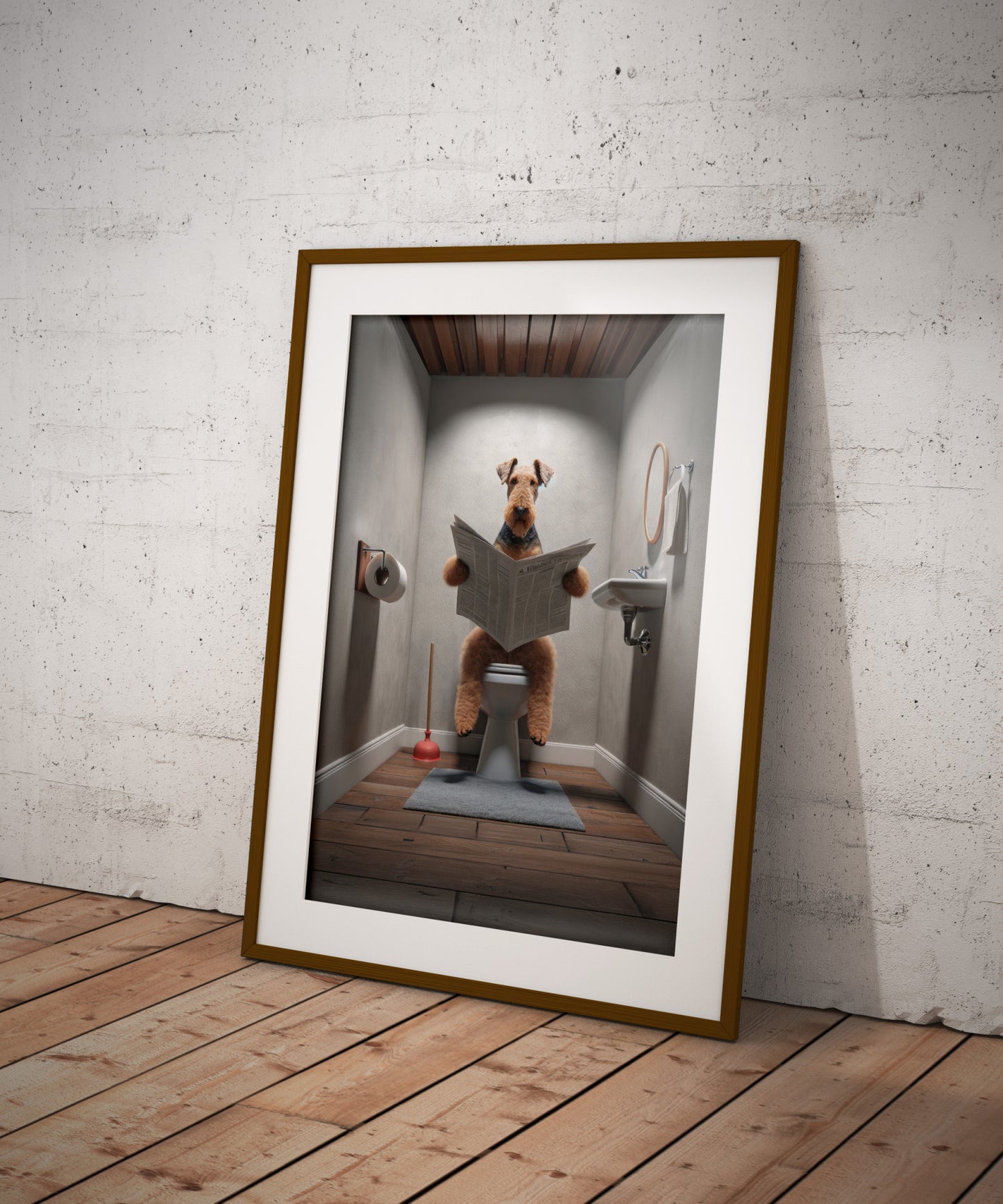 Airedale Terrier Reading Newspaper Poster - Fun Bathroom Decor, Unique WC Wall Art, Perfect Gift Idea