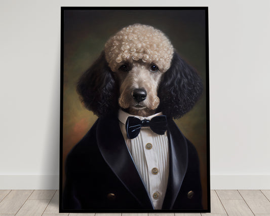 Chic Poodle in Tuxedo Poster – Elegant Dog Wall Art | Humorous Pet Portrait Print for Home Decor