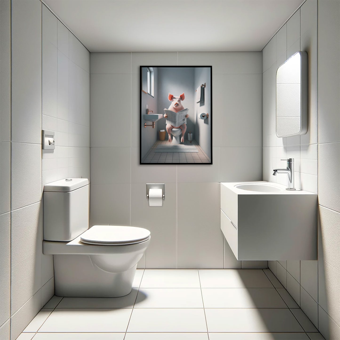 Funny Pig Reading Newspaper Poster - Quirky Bathroom Wall Art, Unique WC Decor, Humorous Gag Gift for Toilet Room