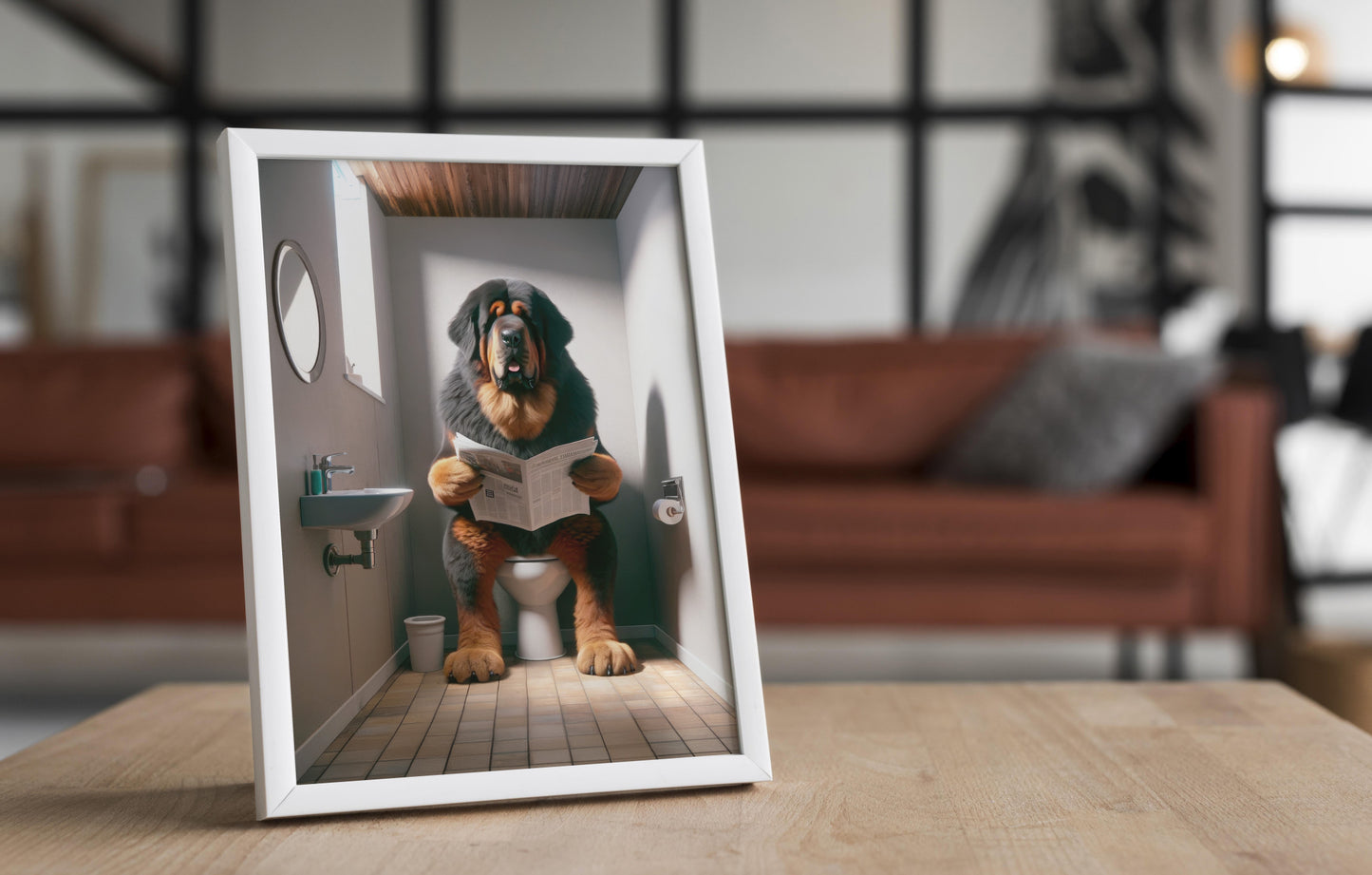 "Tibetan Mastiff Dog Reading Newspaper Poster - Funny Bathroom Wall Art, Toilet Decor, Gag Gift"