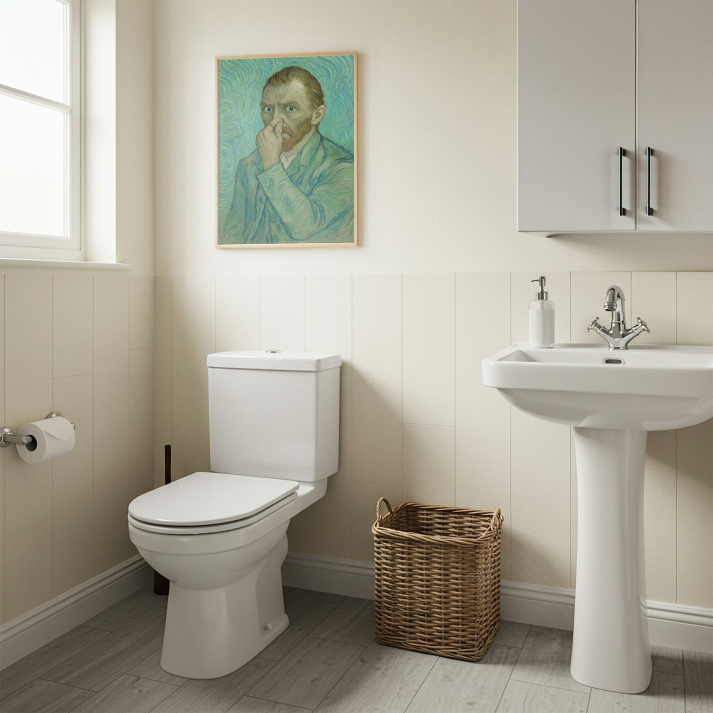 Funny Van Gogh Bathroom Poster – Toilet Humor Wall Art, Quirky Restroom Decor, Parody Framed Print, Unique Gift for Home