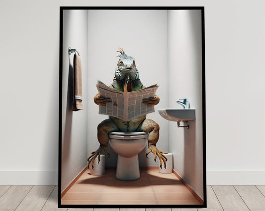 Iguane lisant le journal sur toilettes Poster, Humour WC Décoration Murale, Cadre Salle de Bain, Cadeau Drôle et Original