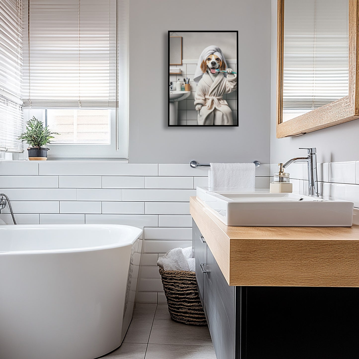 Portrait of a Beagle Brushing Teeth in Bathrobe – Funny Dog Bathroom Decor, Cute Poster, Beagle Prints, Beagle Gifts, Framed art
