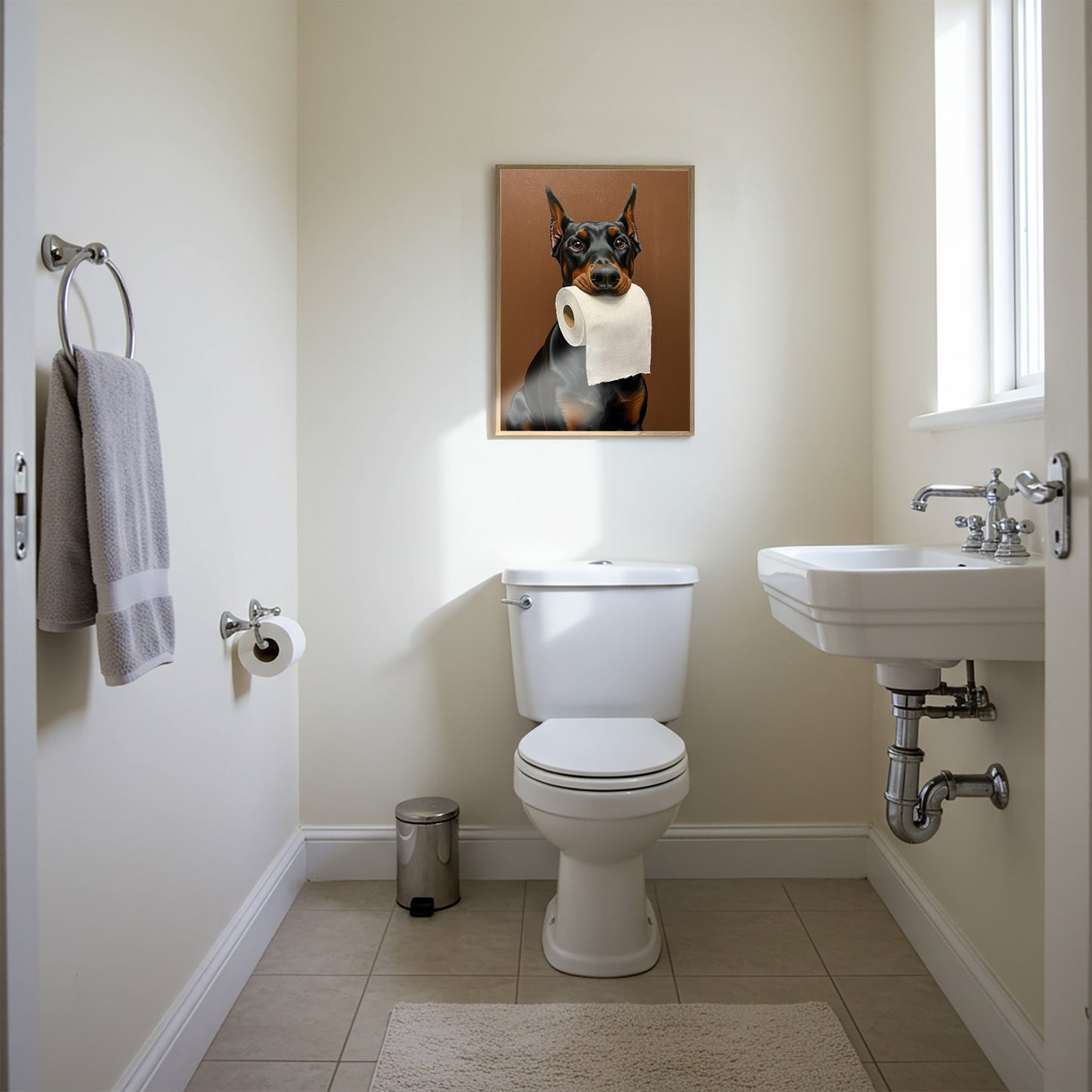 Dobermann Pinscher mordant un rouleau de papier toilette, Humour Toilettes, Poster WC, Cadeau Dobermann, Affiche encadrée, Poster chien