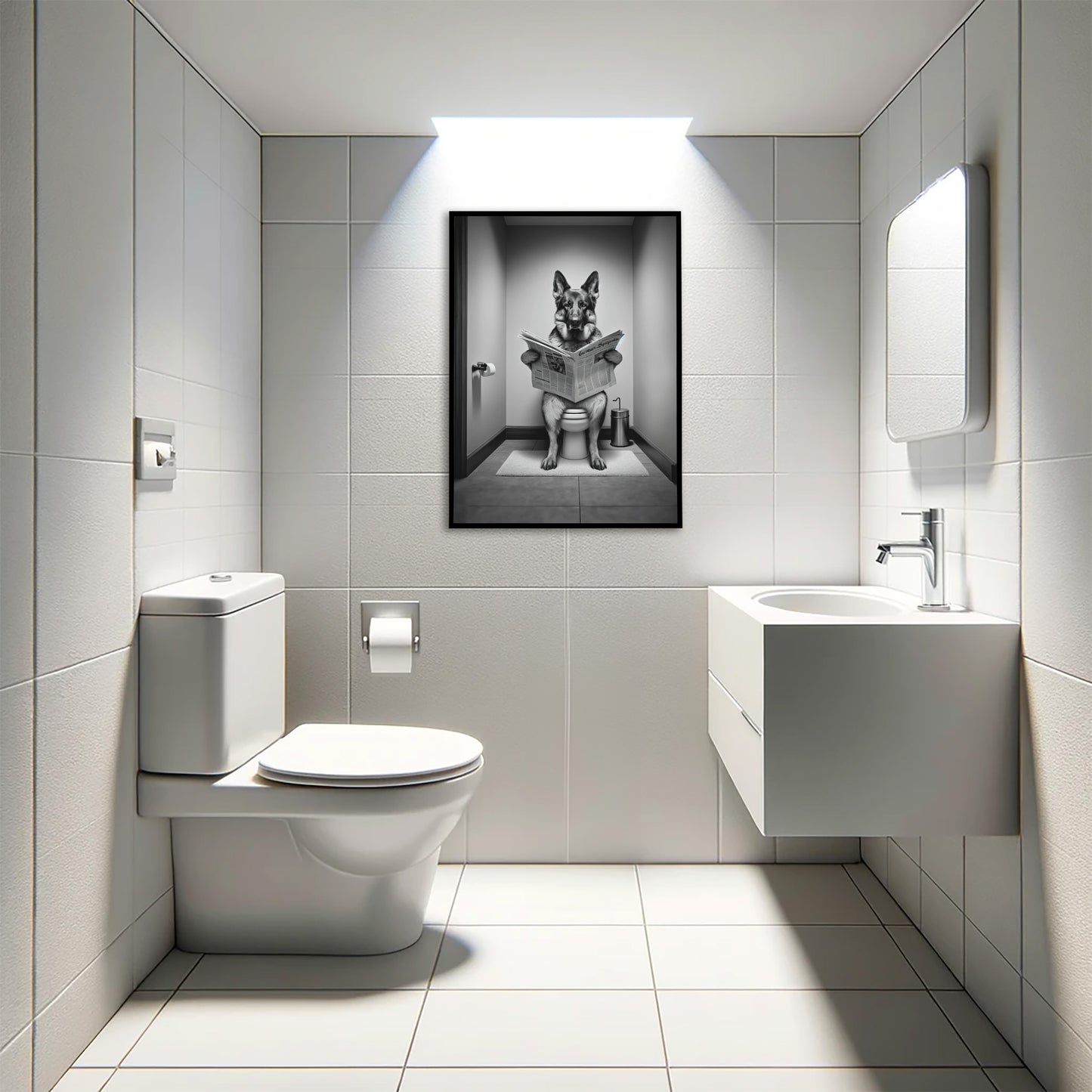 "German Shepherd Reading on Toilet Poster - Black & White Bathroom Wall Art - Fun WC Decor - Unique Gift"