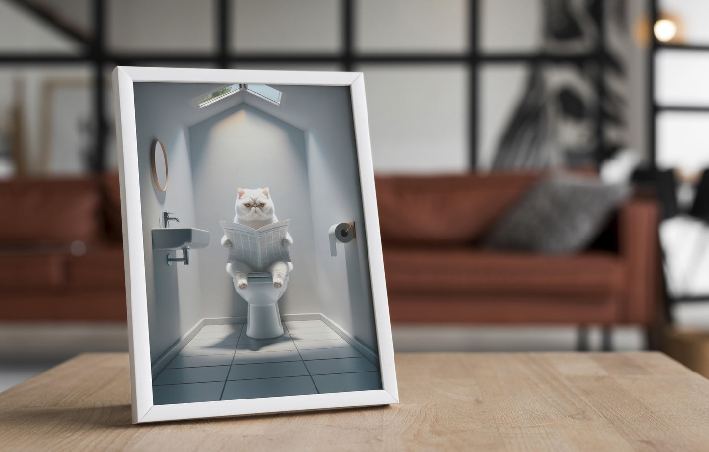 Affiche Murale Humour: Chat Exotic Shorthair Blanc Lisant Toilettes - Déco WC & Salle de Bain - Cadeau Fun Chat