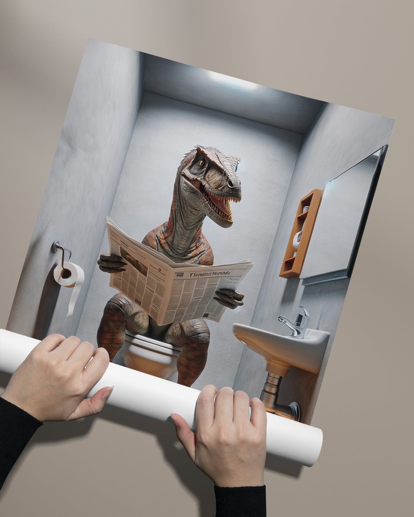 Poster Velociraptor Journal Toilettes, Déco Humour WC, Cadre déco Salle de bain, Affiche Fun Cadeau