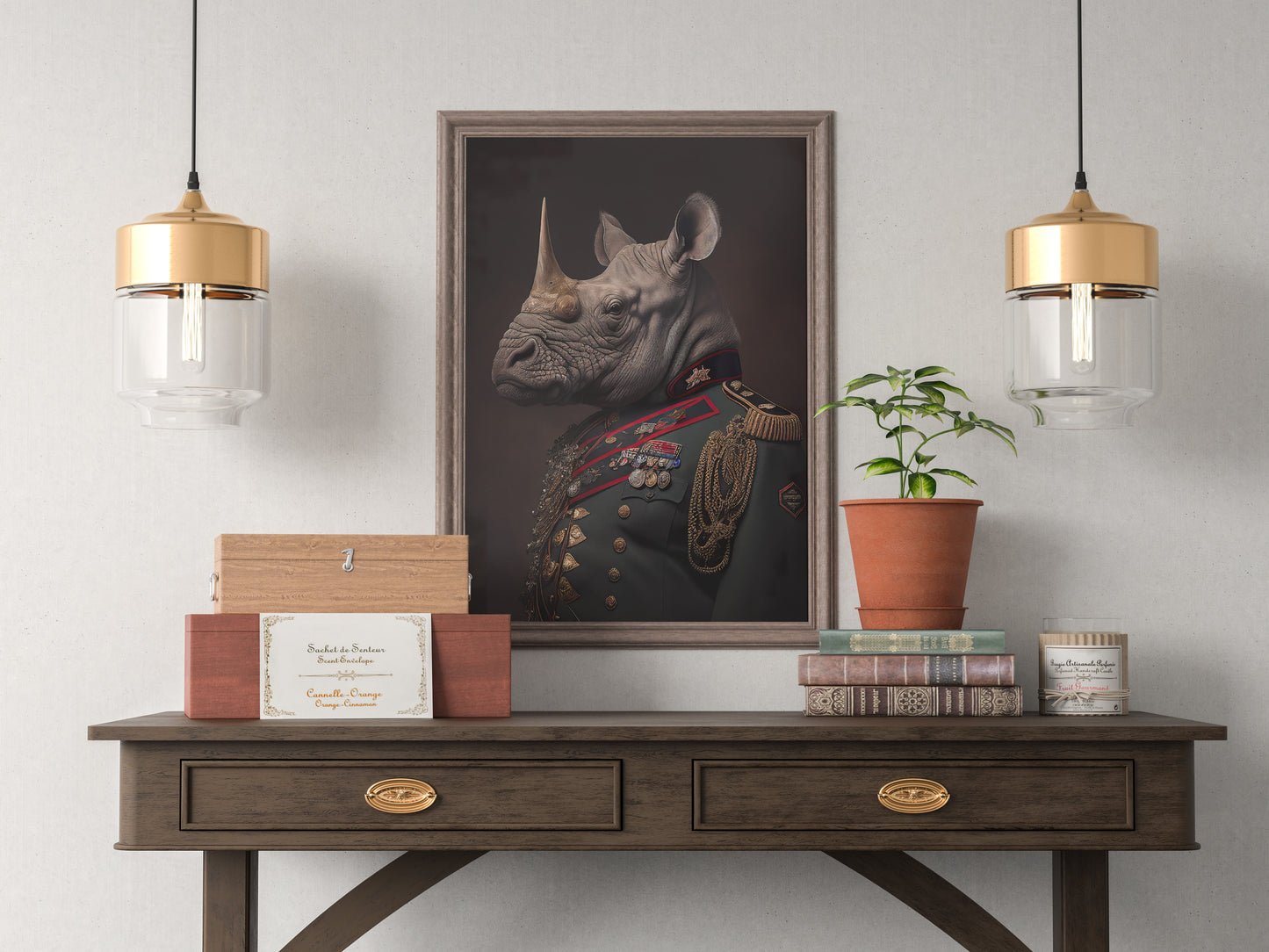 Rhino in Military Uniform Poster - Unique Animal Wall Art for Decoration, Rhinoceros Wall Poster for Framing