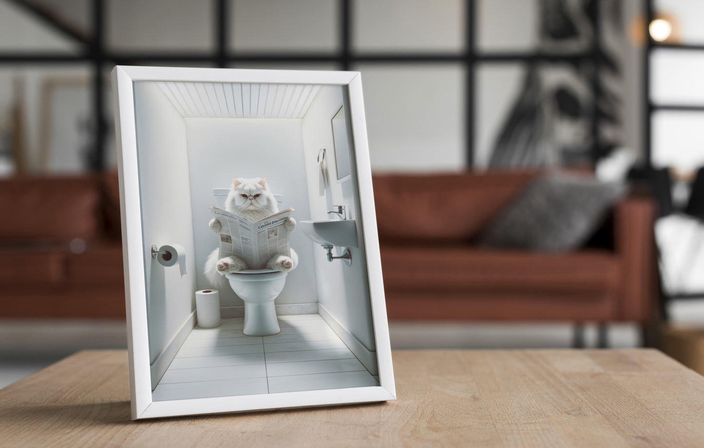 Affiche Murale Chat Persan Blanc aux Toilettes, Décoration Humour Salle de Bain, Poster WC Rigolo, Cadeau Amoureux des Chats