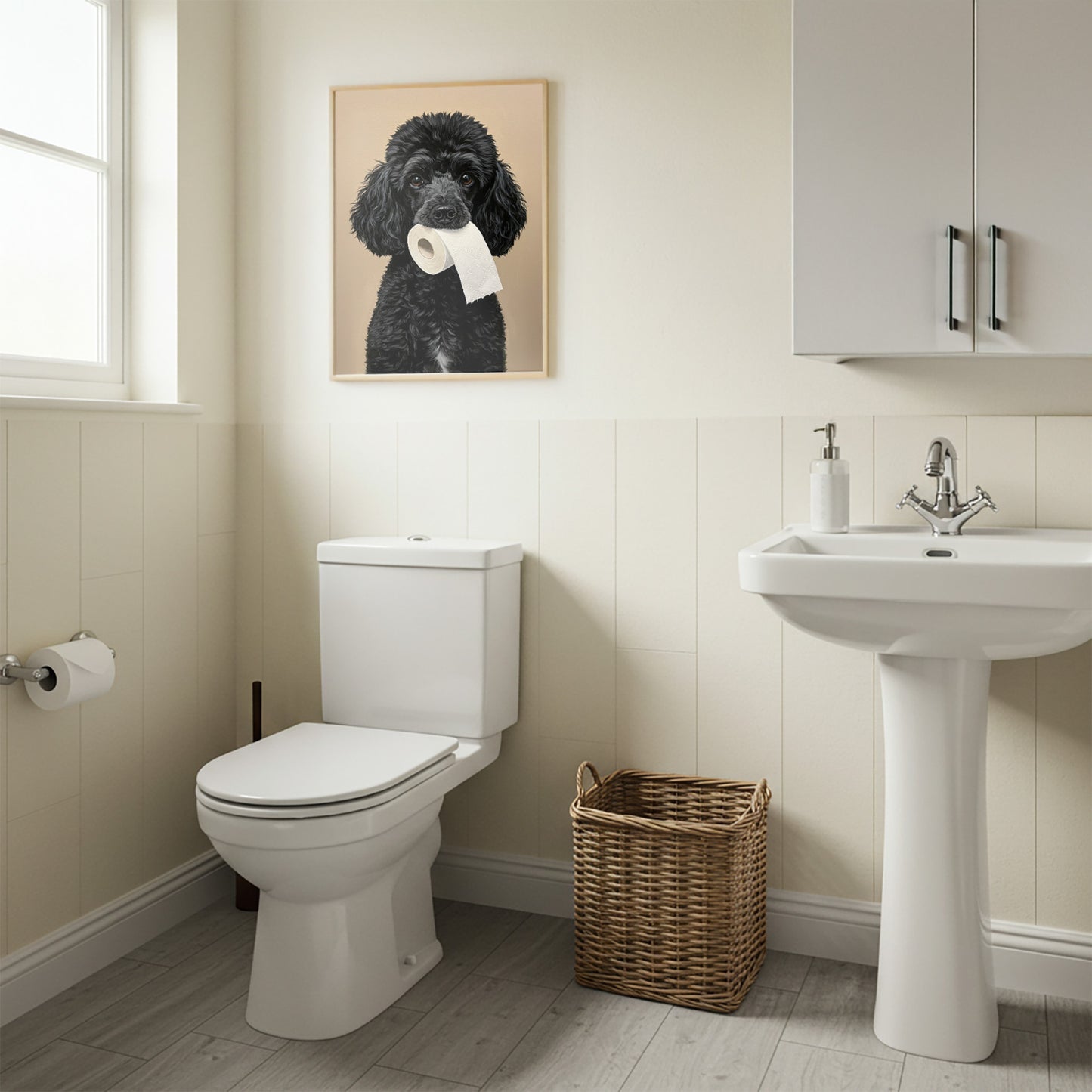 Caniche mordant un rouleau de papier toilette, Humour Toilettes, Poster WC, Cadeau Caniche, Affiche encadrée, Poster chien