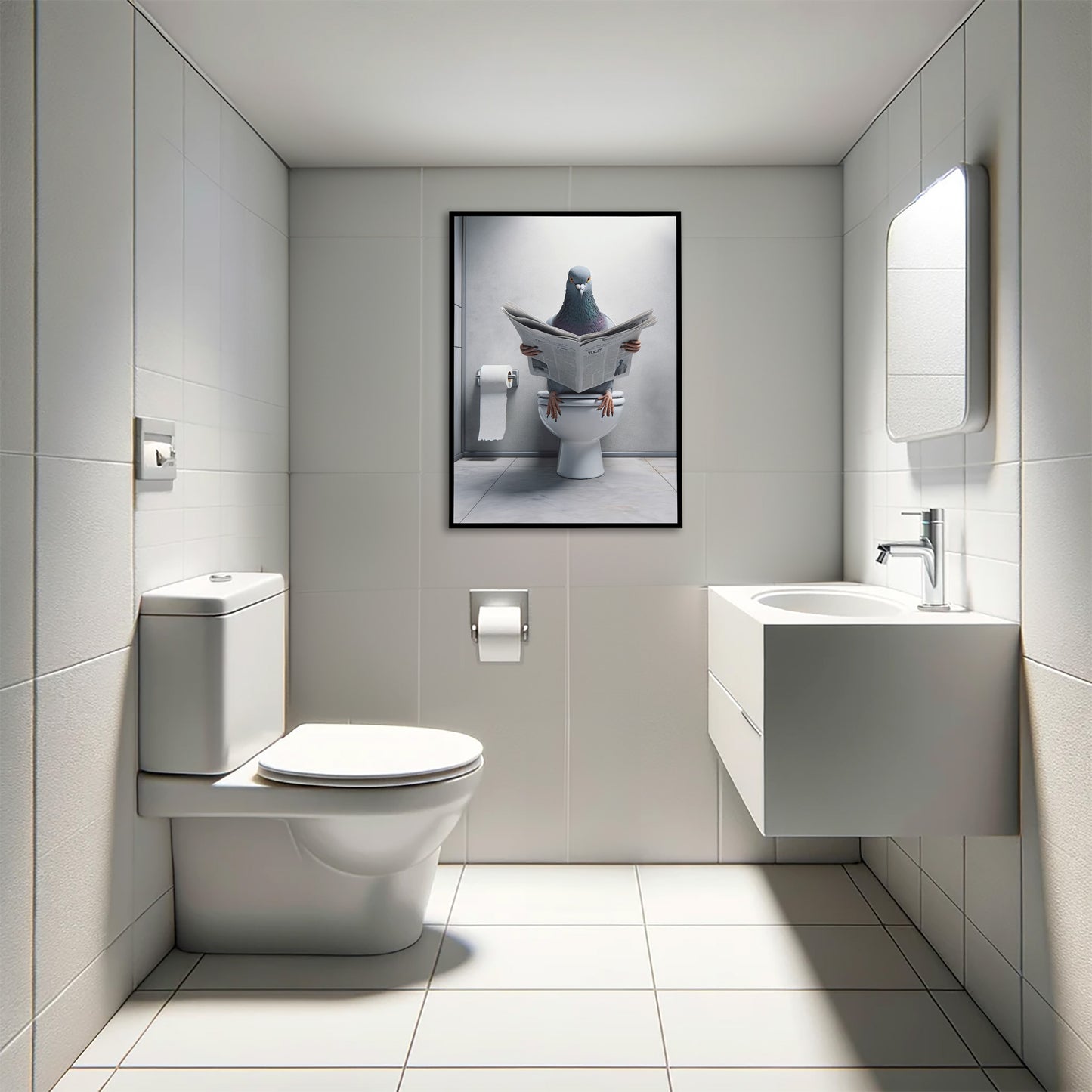 Funny Bathroom Wall Art - Pigeon Reading Newspaper Poster | Unique WC Toilet Decor | Humorous Gift Idea