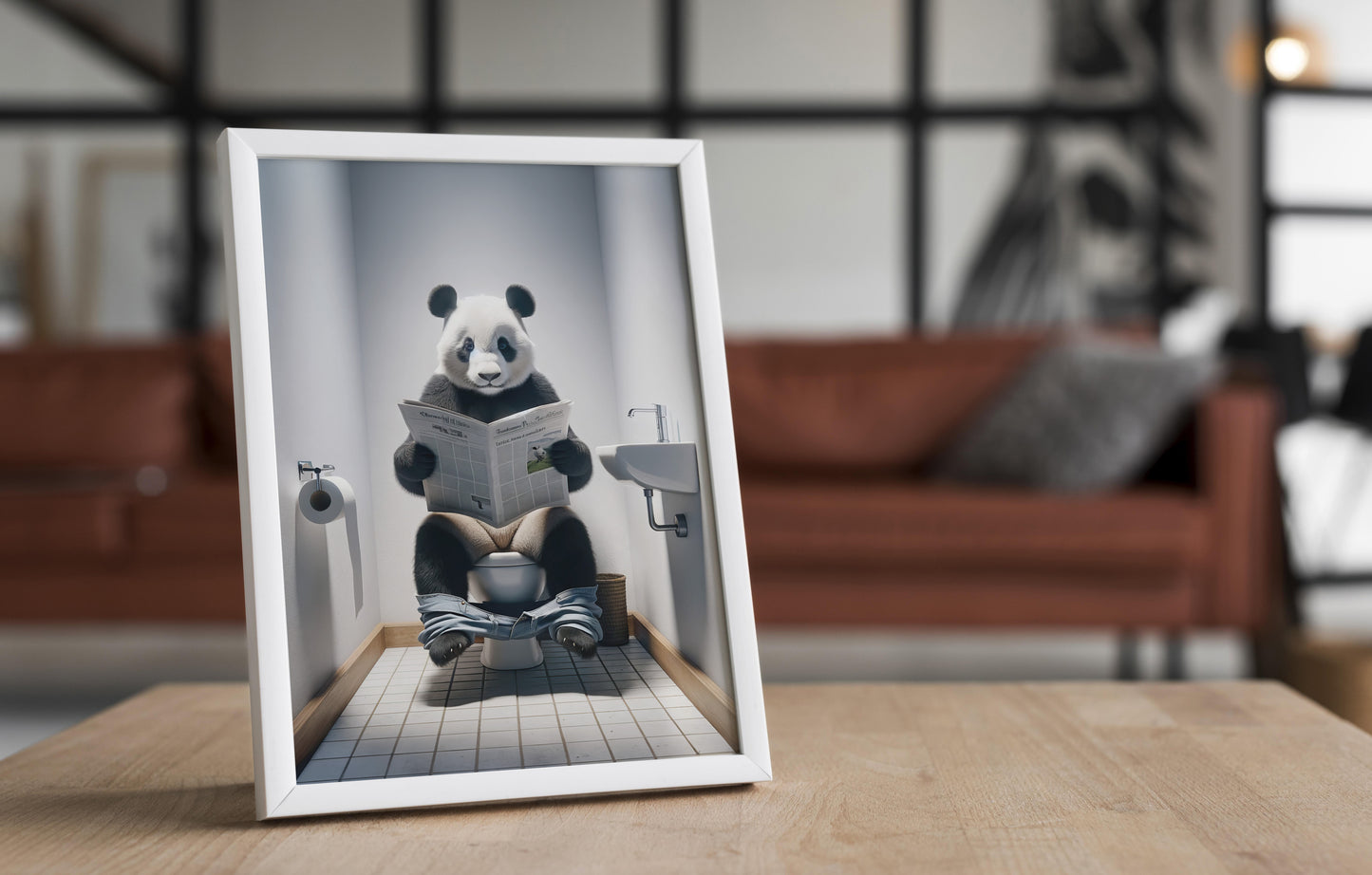Panda Reading Newspaper Toilet Poster - Funny Bathroom Wall Art - Unique Gift Idea