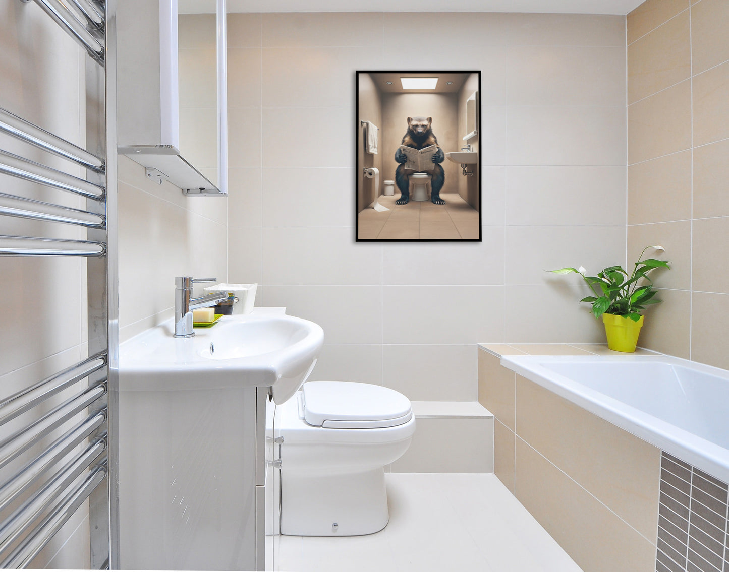 Poster Humour : Glouton lisant le journal sur WC, Décoration Salle de Bain, Cadre Déco Toilette, Idée Cadeau Originale