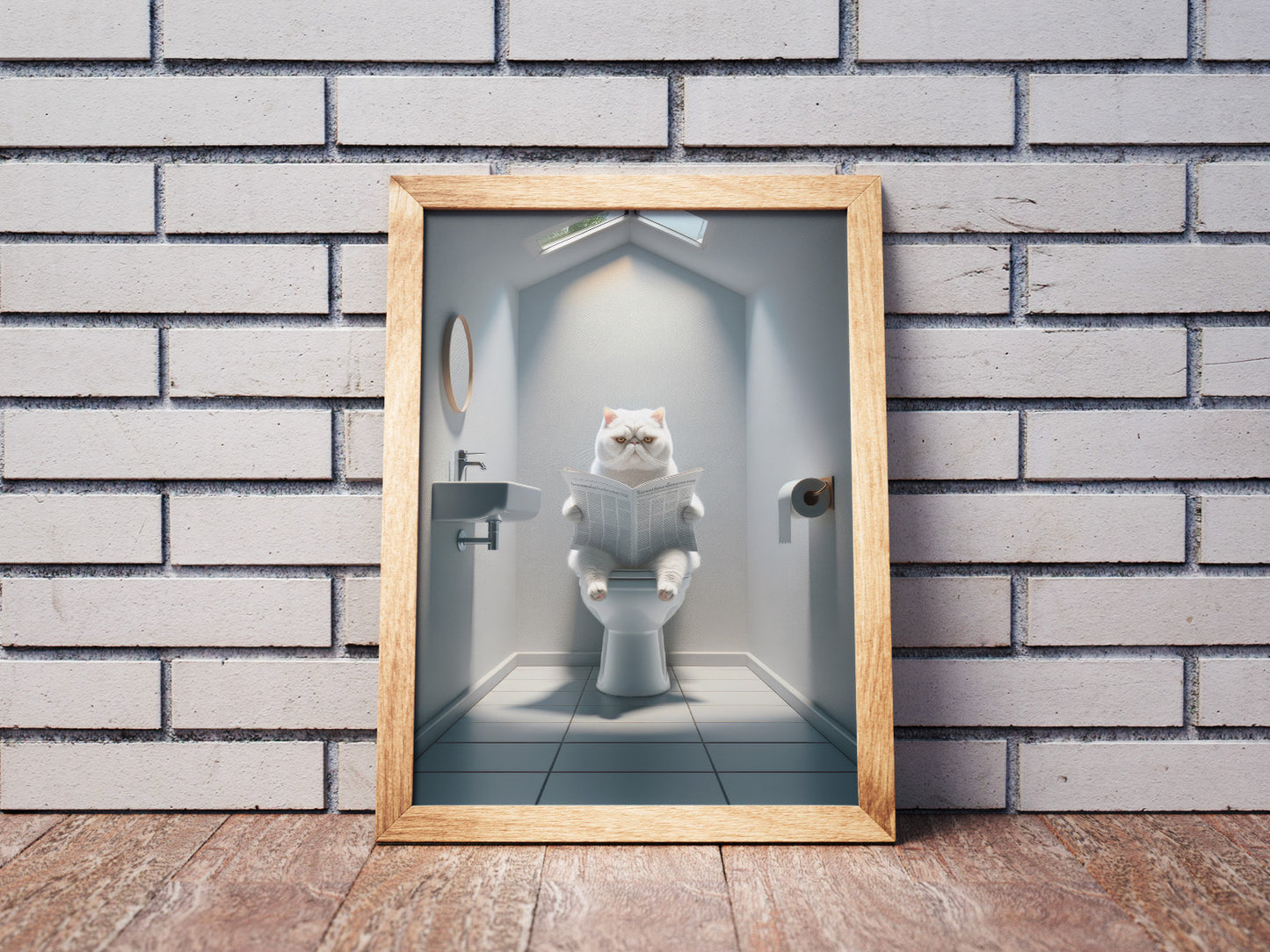 Affiche Murale Humour: Chat Exotic Shorthair Blanc Lisant Toilettes - Déco WC & Salle de Bain - Cadeau Fun Chat