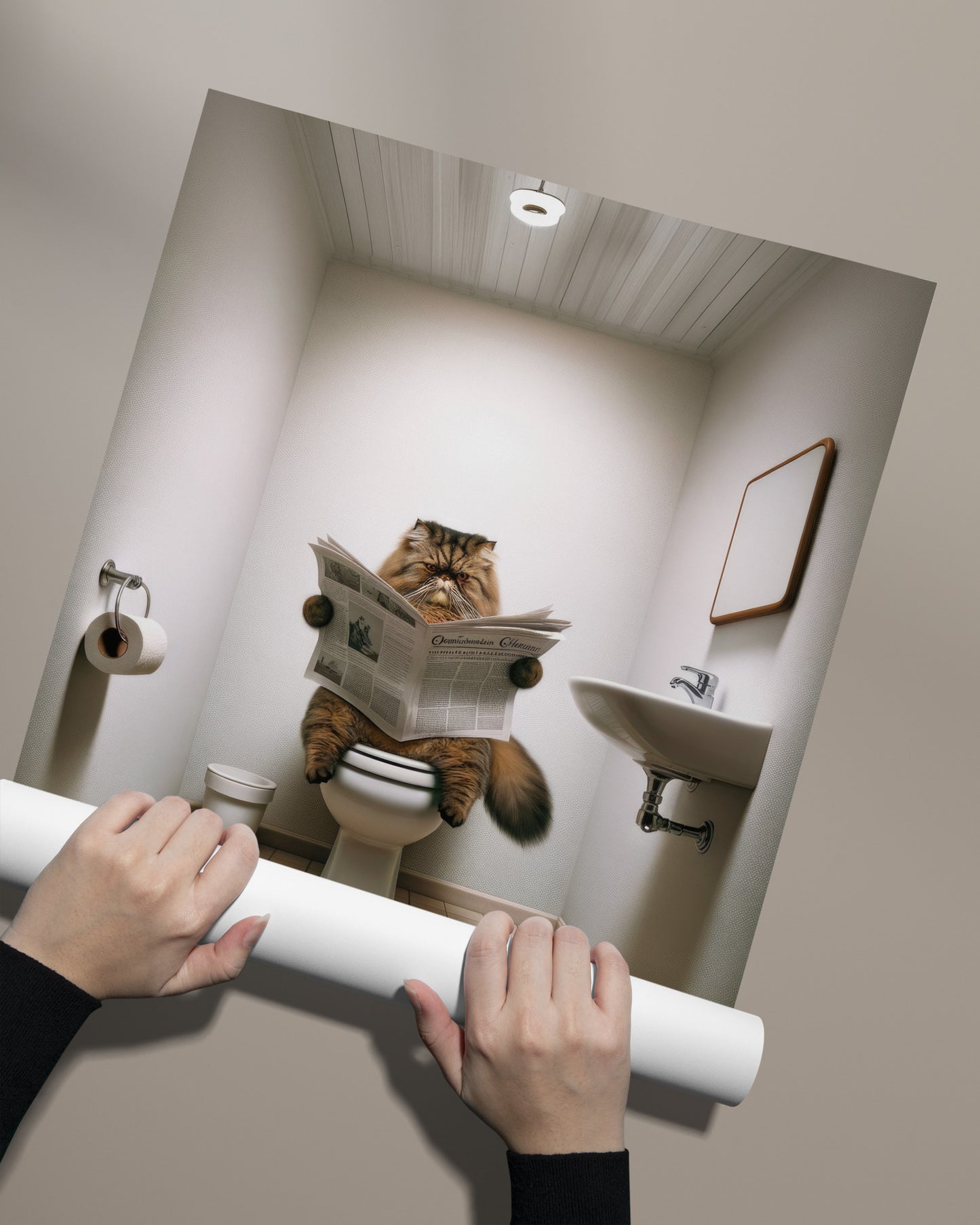 Affiche Humoristique Chat Persan Tigré Marron lisant, Poster Déco Toilettes & Salle de Bain, Cadeau Original Chat Fun