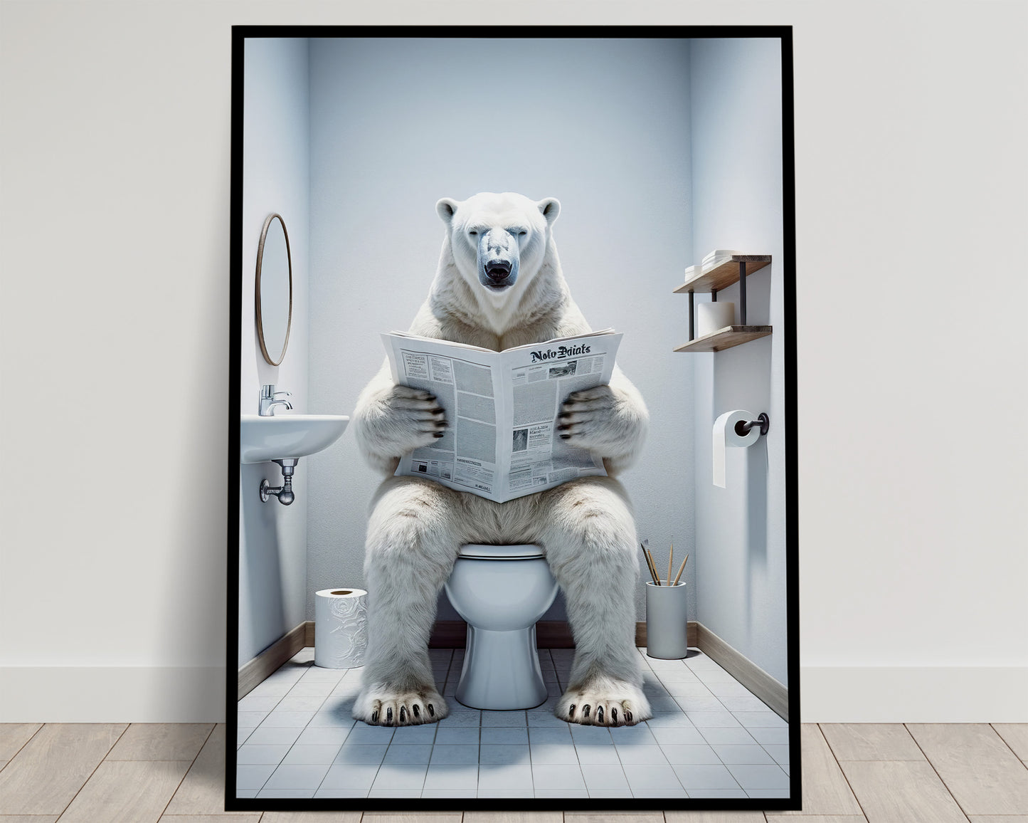 Poster d'un Ours polaire lisant le journal, Décoration Humour WC, Cadre déco Salle de bain, Cadeau Fun, Affiche Toilette