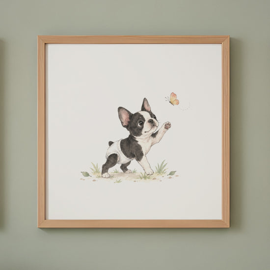Bébé boston terrier en couche blanche essaie d’attraper un papillon