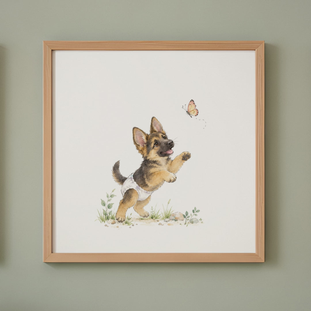 Chiot berger allemand en couche blanche tente d’attraper un papillon