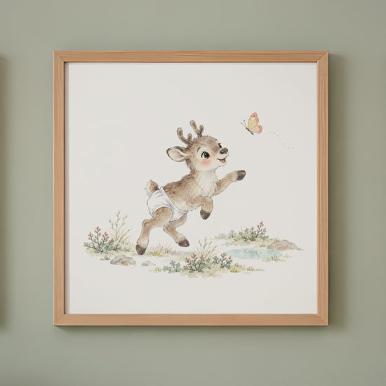 Bébé caribou cherche à attraper un papillon dans les herbes