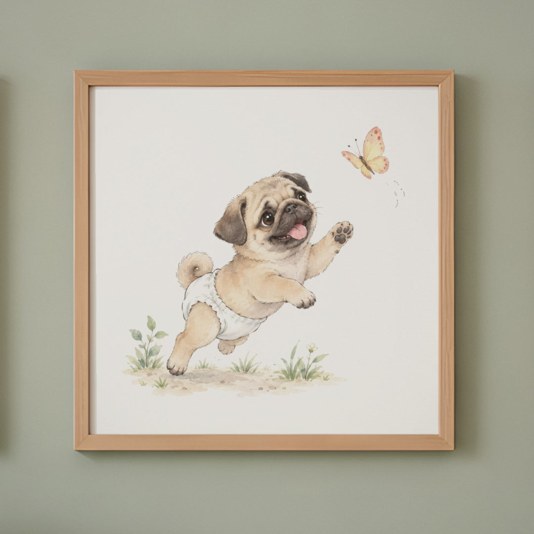 Bébé carlin en couche blanche essaie d’attraper un papillon