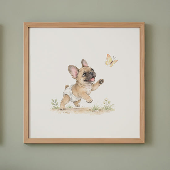 Bébé bouledogue français en couche blanche veut attraper un papillon