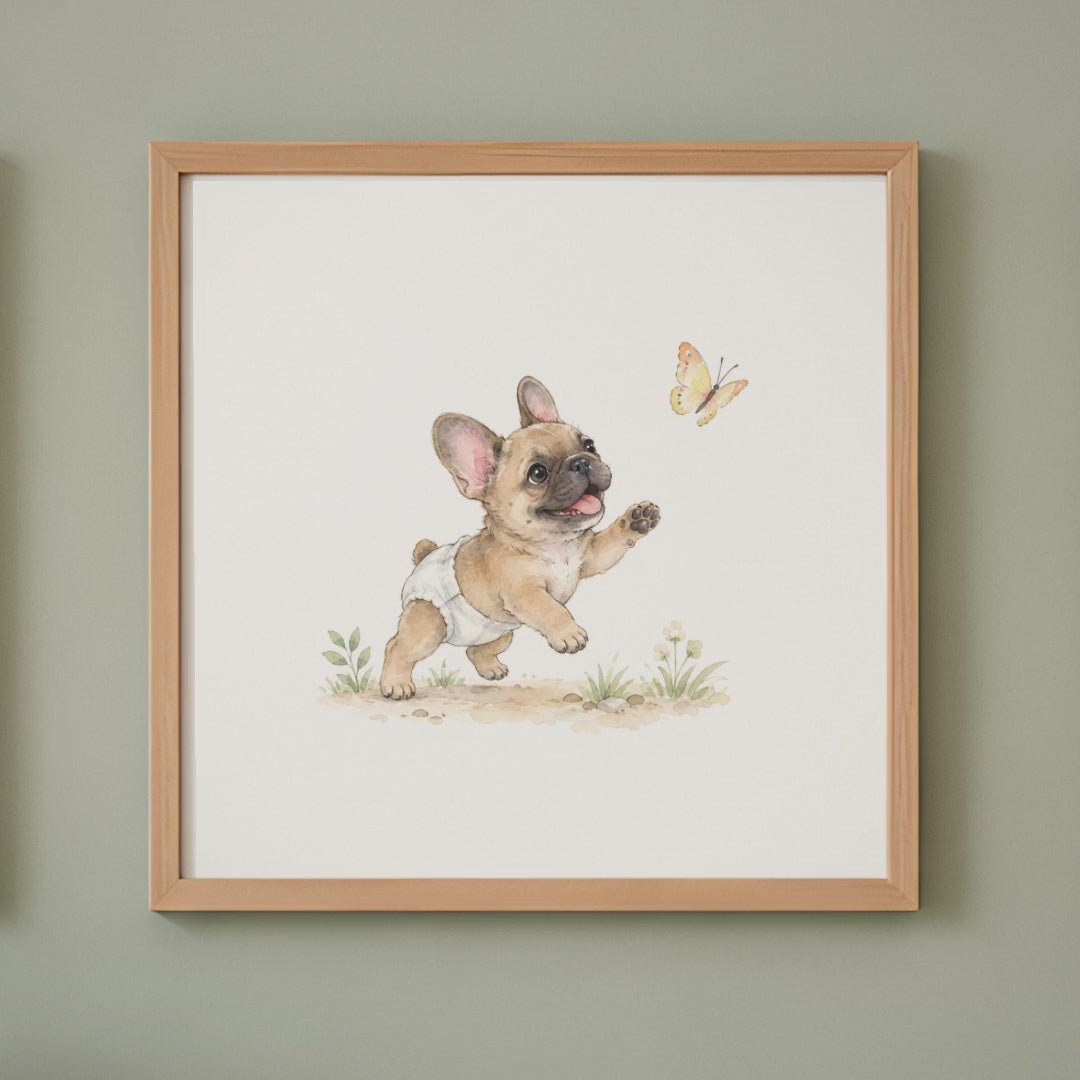 Bébé bouledogue français en couche blanche veut attraper un papillon