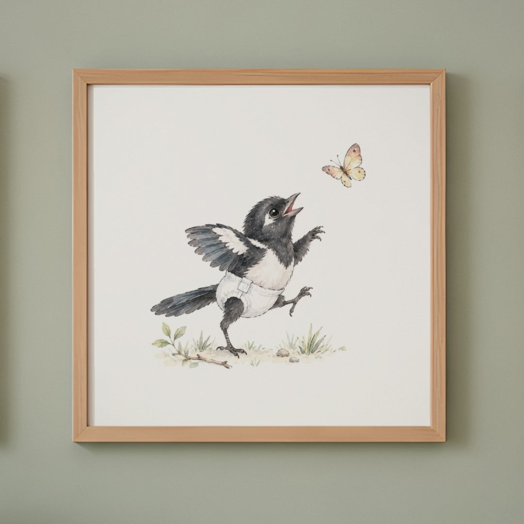 Petite pie en couche blanche à la poursuite d’un papillon