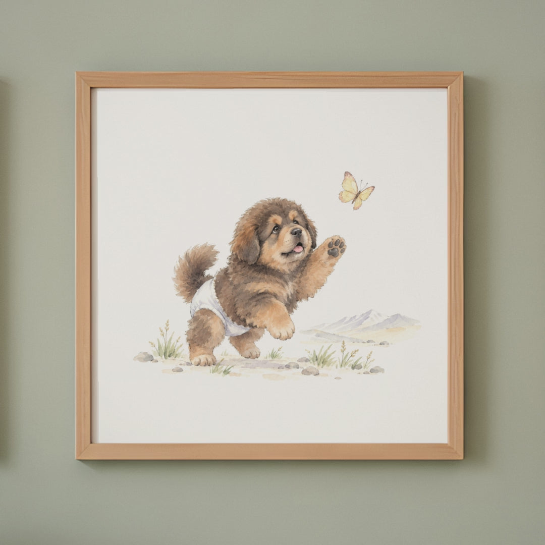 Bébé dogue du Tibet en couche blanche à la poursuite d’un papillon