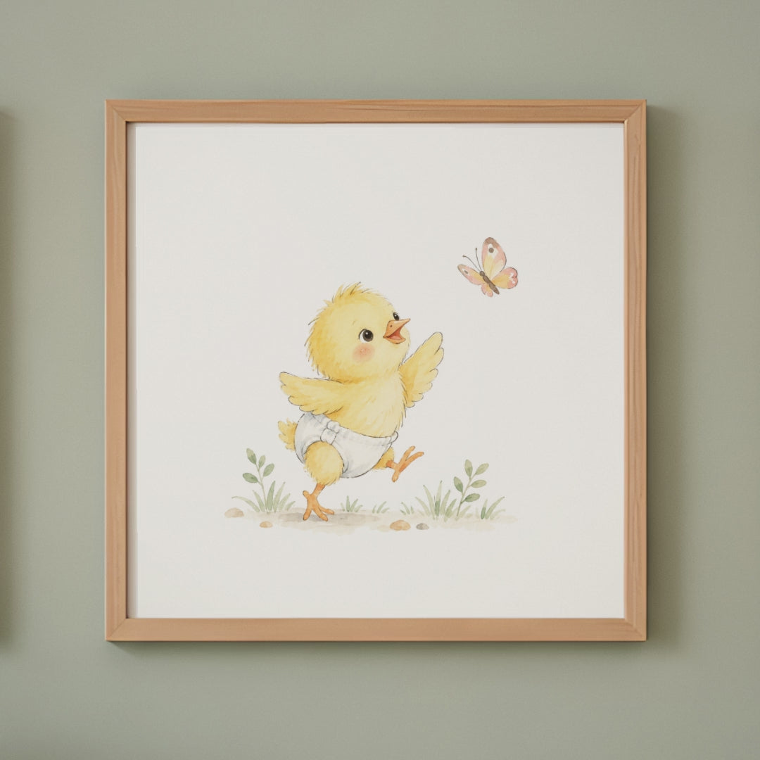 Petit poussin en couche blanche poursuit un papillon dans l’herbe